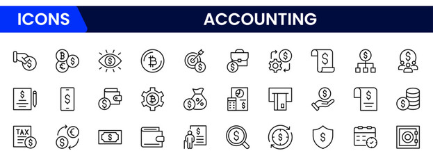 Naklejka premium Precise vector web line icons depicting accounting, bookkeeping, financial reports, calculators, and budget management for accurate fiscal operations.