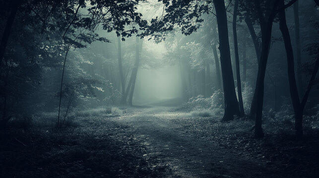 A dark forest path shrouded in mist, where mystery lingers in the soft light.