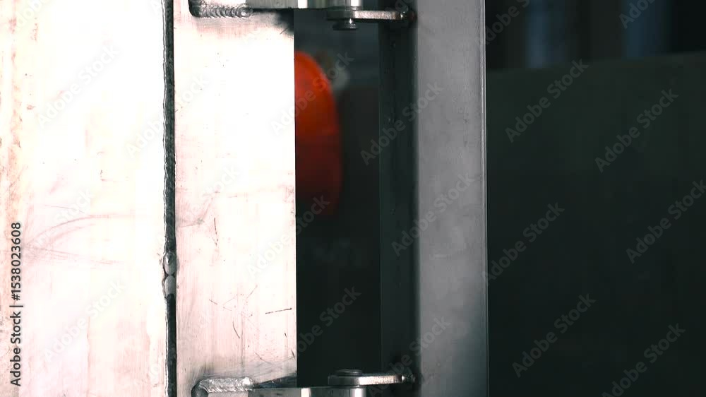 Poster worker skillfully grinds metal part with pneumatic tool in workshop