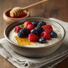 Creamy porridge bowl garnished with fresh mixed berries including raspberries blackberries blueberries and a touch of honey in a rustic ceramic bowl on a wooden surface
