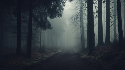 Fototapeta premium A dark forest path shrouded in mist, where mystery lingers in the soft light.