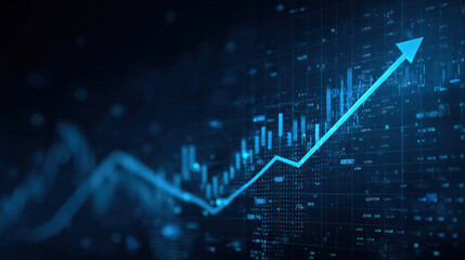 Modern finance interface showing stock market chart with growth arrow, global economy data visualization, blue hi-tech vector layout