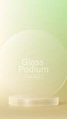 3D glass transparent crystal. Empty cylindrical pedestal. 3D cylinder and cube glass platforms set background. Vector realistic illustration of transparent plastic round and square