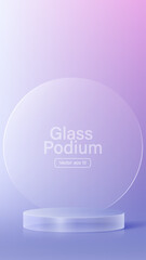 3D glass transparent crystal. Empty cylindrical pedestal. 3D cylinder and cube glass platforms set background. Vector realistic illustration of transparent plastic round and square