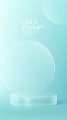 3D glass transparent crystal. Empty cylindrical pedestal. 3D cylinder and cube glass platforms set background. Vector realistic illustration of transparent plastic round and square