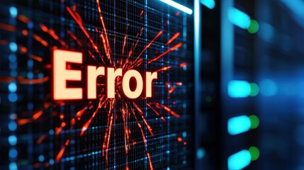 A glowing red "Error" message is displayed on a futuristic digital screen with blue and red light streaks, indicating a system or software malfunction.