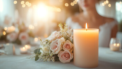 The image shows an elegant table setting with lit candles and a beautiful bouquet of pink roses and baby's breath. A bride is seen in the background, ready for her special day.