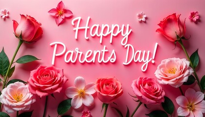 Elegant Happy Parents Day Greeting with Pink Roses and Neon Text