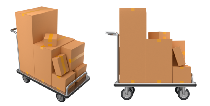 Set of Airport luggage cart or baggage trolley side with stack of cardboard boxes or cartons on white background. 3d render element of airport or warehouse service