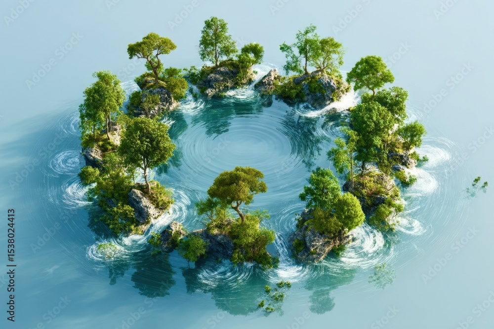 Poster a small island surrounded by water with trees and rocks