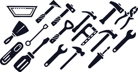 Fototapeta premium tools, hardware, construction, equipment, workshop, toolbox, utility, mechanic, repair, DIY, hardware store, home improvement, wrench, hammer, screwdriver, pliers, saw, drill, measuring tape, safety g