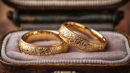 Two gold wedding rings, with ornate designs, are nestled inside a velvet-lined ring box. Perfect for wedding-themed advertisements.