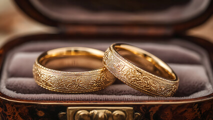 Two gold wedding rings, with ornate designs, are nestled inside a velvet-lined ring box. Perfect for wedding-themed advertisements.