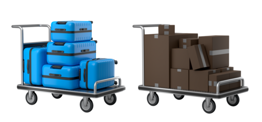 Set of Regular polycarbonate suitcase on hotel trolley cart for carrying baggage on white background. 3d render travel concept of hotel service on vacation and luggage transportation