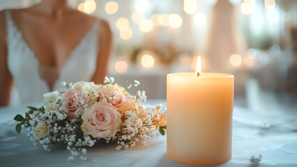 The image shows an elegant table setting with lit candles and a beautiful bouquet of pink roses and baby's breath. A bride is seen in the background, ready for her special day.