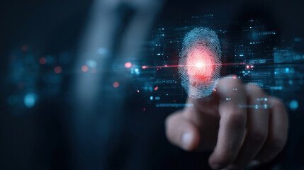 Professional man using biometric ID system, fingerprint glowing on screen, futuristic background with immersive tech and encrypted business data overlays