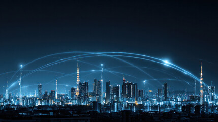 Smart city at night illuminated with glowing band lights, futuristic digital transformation vibe, 5G communication towers and fiber optic lines across skyline