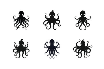 Octopus Silhouette Set on White Background