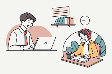 Smiling business man working on laptop at home office. Young student or remote teacher using computer remote studying, virtual training, watching online education webinar at home office