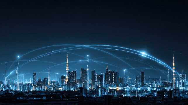 Smart city at night illuminated with glowing band lights, futuristic digital transformation vibe, 5G communication towers and fiber optic lines across skyline