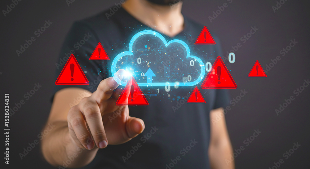 Poster a man pointing at a digital cloud surrounded by warning signs on a dark background in a studio shot