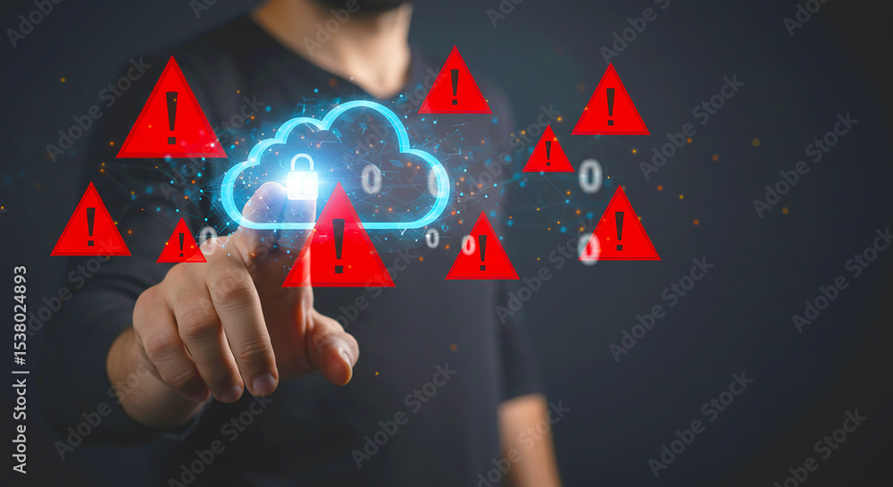 Poster a man pointing at a cloud icon surrounded by red warning signs on a dark background with zero number