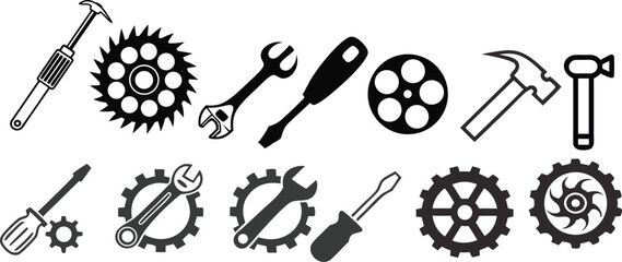 Obraz premium gears, cogs, wrenches, screwdrivers, spanners, nuts, bolts, mechanical parts, industrial icons, engineering, machinery, black and white, silhouette, vector illustration 