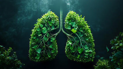 The lungs are artistically depicted with leaves, emphasizing respiratory health. This image conveys the connection between nature and clean air.