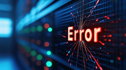 A digital screen displays the word "Error" in red, surrounded by a burst of colorful light lines, symbolizing a system or software malfunction.