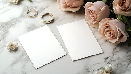 Wedding mockup with roses and gold wedding bands. Two blank cards sit atop a white marble surface alongside the floral arrangement and rings.