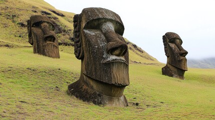 Ancient stone heads on a grassy hillside (1)
