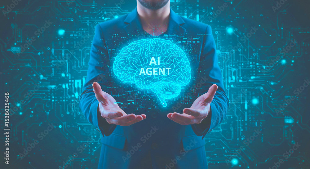 Poster man presenting a glowing ai agent brain hologram with a dark digital background in a suit