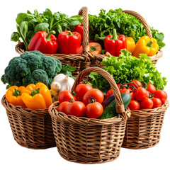 Fresh organic vegetables like tomatoes, peppers, and broccoli overflowing from a basket