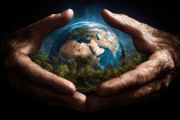 A hand is holding a globe with a green forest surrounding it