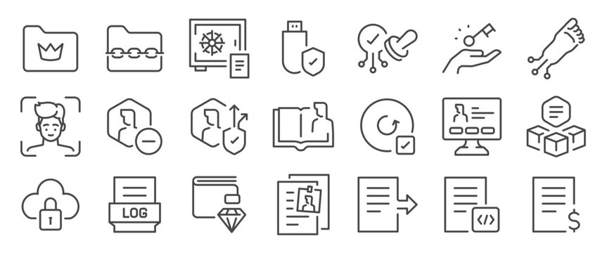 Data ownership icon set. It included data, personal, privacy, file, identity, terms, and more icons. Editable Vector Stroke.