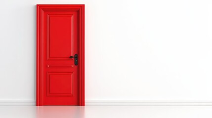 A vibrant red door with classic panel design and black handle stands closed against a plain white wall and floor.