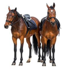 Two beautiful brown horses, a mare and her foal a white background.
