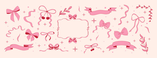 Vintage ribbons border, bows, botanical elements and banners. Hand drawn coquette girly style. Trendy y2k aesthetic. Design elements for Valentine's day, greeting cards, invitations.