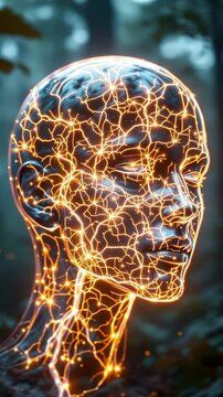 Vertical futuristic human head made glowing lines resembling neural electrical circuits. Dark blurred background enhances focus illuminated network, symbolizing intelligence, innovation, tech progress