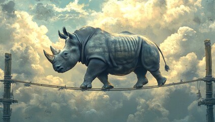 Fototapeta premium Rhinoceros walks tightrope among clouds