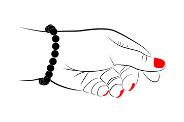 Beautiful hand with red nails and black beads line drawing isolated on white background - vector illustration