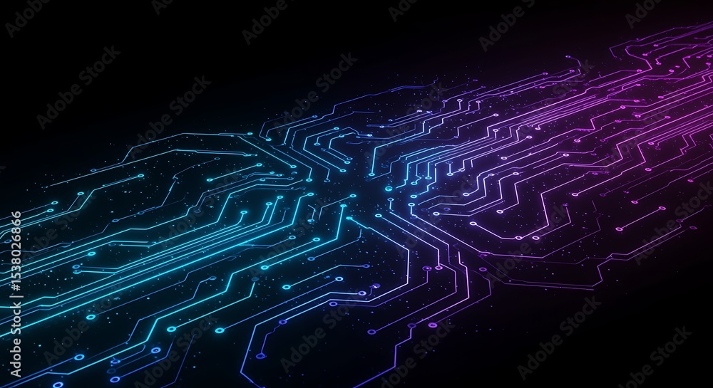 Fototapete Abstract Futuristic Circuit Board Design Glowing Neon Lines and Nodes