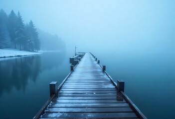 Long wooden pier extends into a foggy lake under an overcast sky. Calm, moody nature scene ideal for travel, solitude, and atmospheric seasonal photography themes.