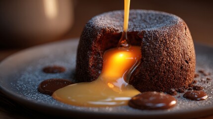 Warm chocolate lava cake with gooey melted center dripping onto a plate, rich dessert topped with soft caramel and surrounded by small chocolate drops