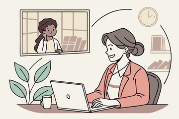 Smiling business woman working on laptop at home office. Young student or remote teacher using computer remote studying, virtual training, watching online education webinar at home office