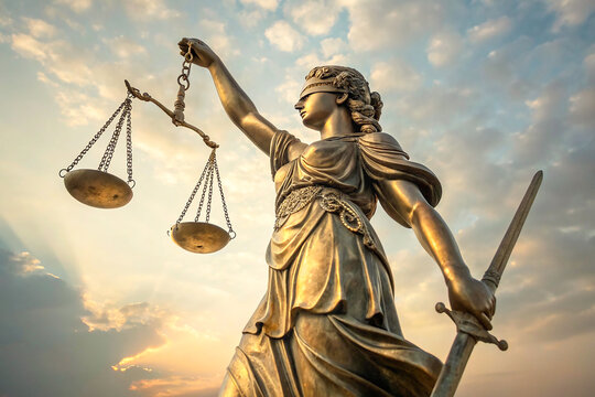 A majestic golden statue of Lady Justice holding the scales of balance, symbolizing fairness, law, and impartiality. 