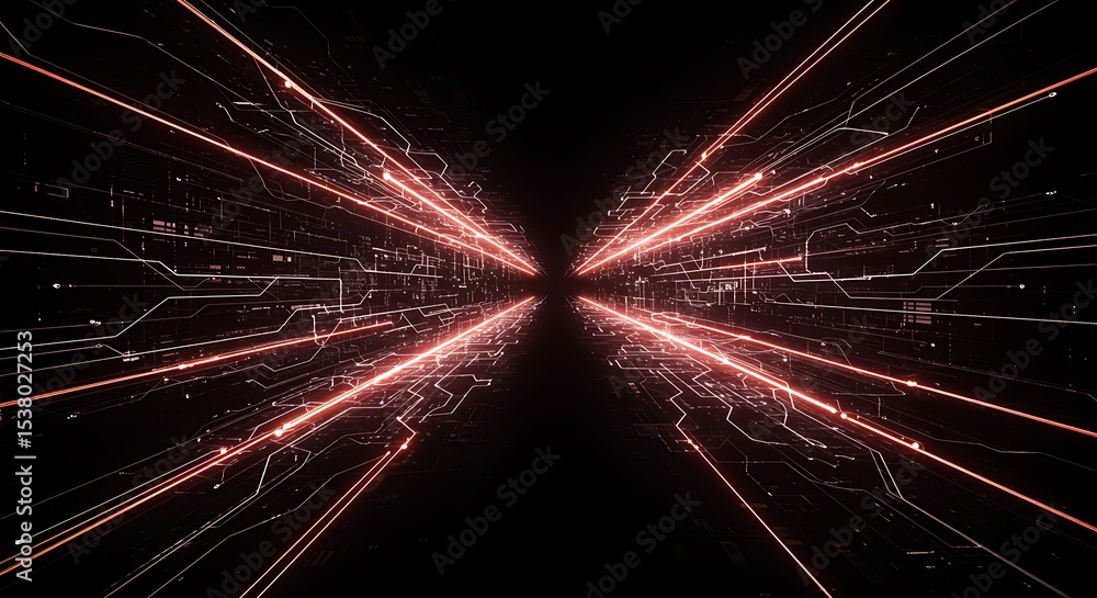 Poster abstract digital tunnel glowing red lines and circuitry in cyberspace