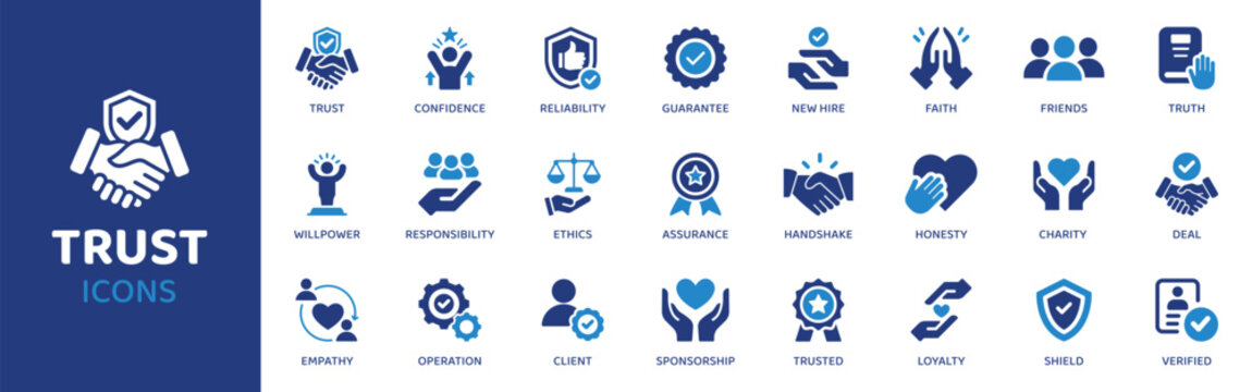 Trust - Icon Collection. Thin Line Set contains such Icons as Trust, Loyalty, Honesty, Integrity, Bond, Contract, Agreement and more. Simple web icons set.