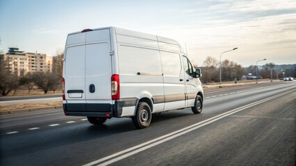 Fototapeta premium White Delivery Van Traveling on Urban Road with Modern Cityscape Background