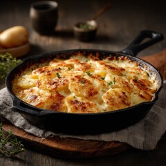 Delicious cheesy baked potato casserole in a cast iron skillet with herbs and melted cheese, served on rustic wooden table for comforting home cooked meal